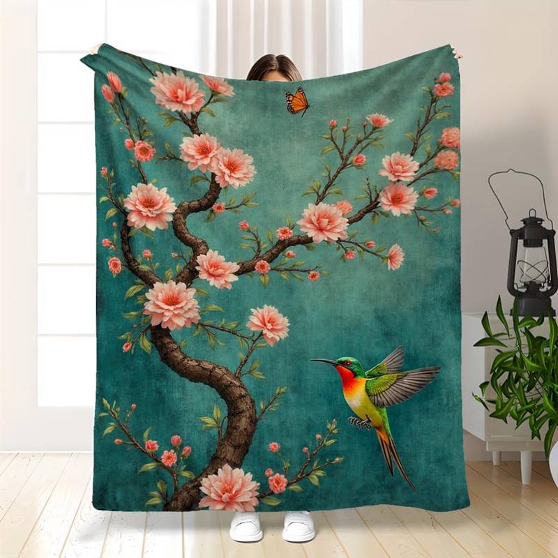 Elegant Blue Floral Branch Throw Blanket - Vintage Botanical-Themed Soft Blanket for Refined Cozy Home Decor