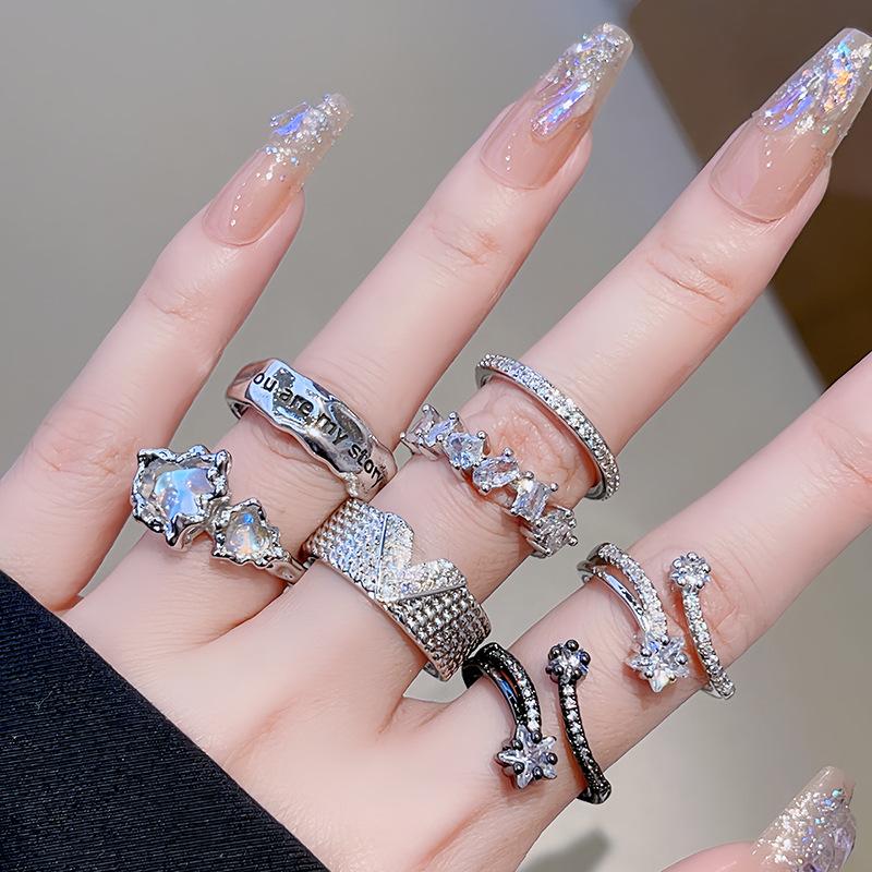 Fashion V Letter Moonstone Diamond Set Open Ring Full Diamond Index Finger Ring Cold Wind Ring