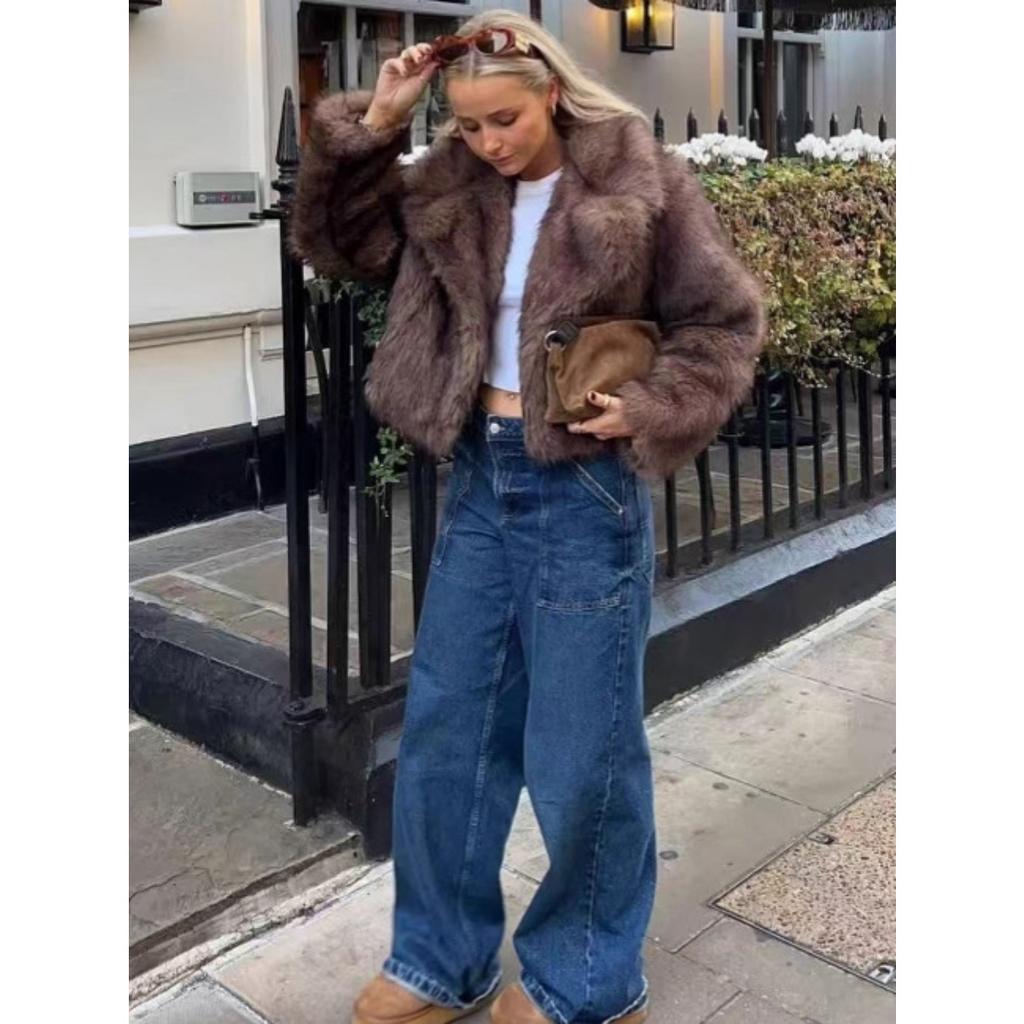 Women's Turn Down Collar Long Sleeve Faux Fox Fur Coat Loose Elegant Short Winter Outerwear