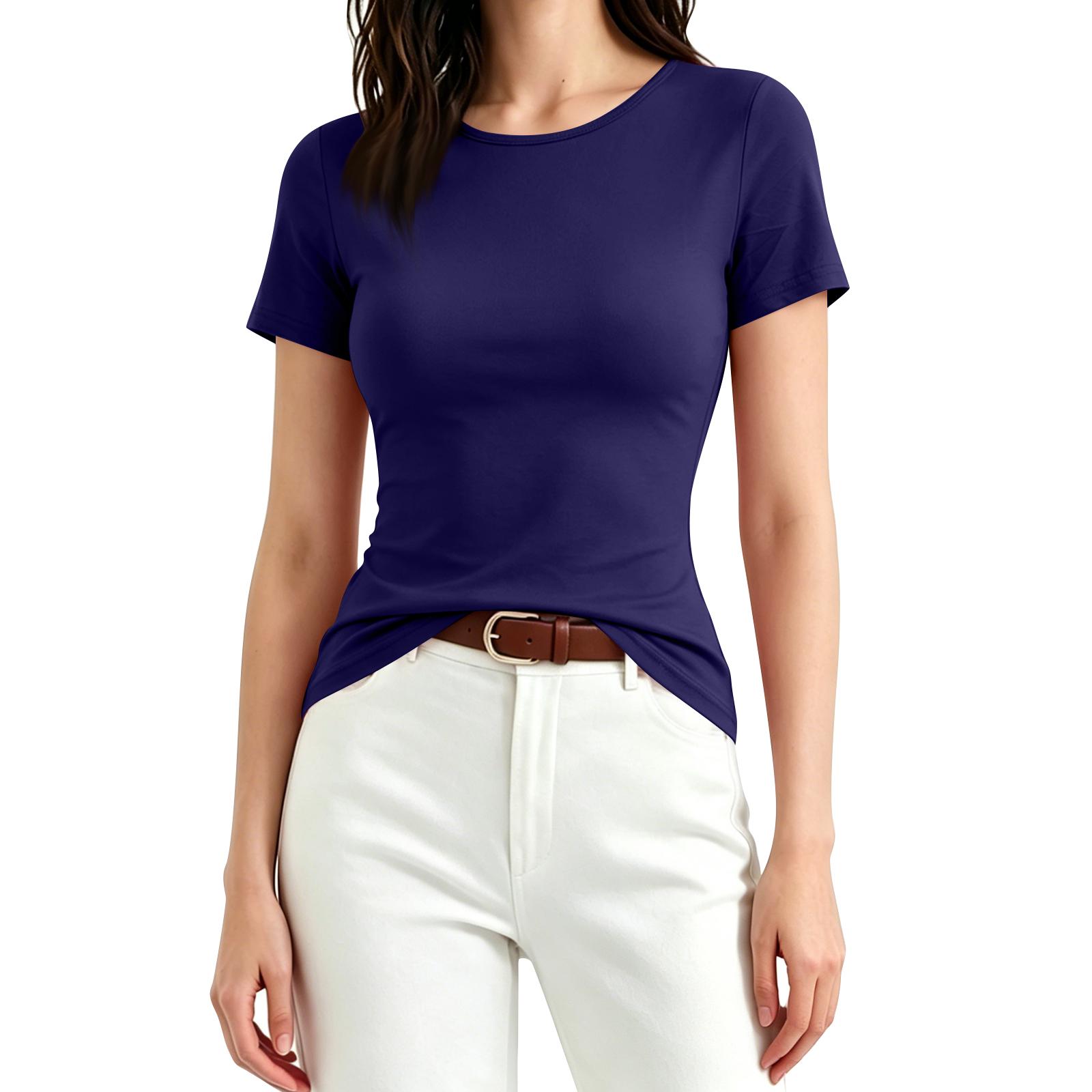 

Women’s Casual Short Sleeve Fitted Crew Neck Top Basic Slim Fit Crop Tee Comfortable Soft Fabric Lightweight Design XXL тёмно-синий