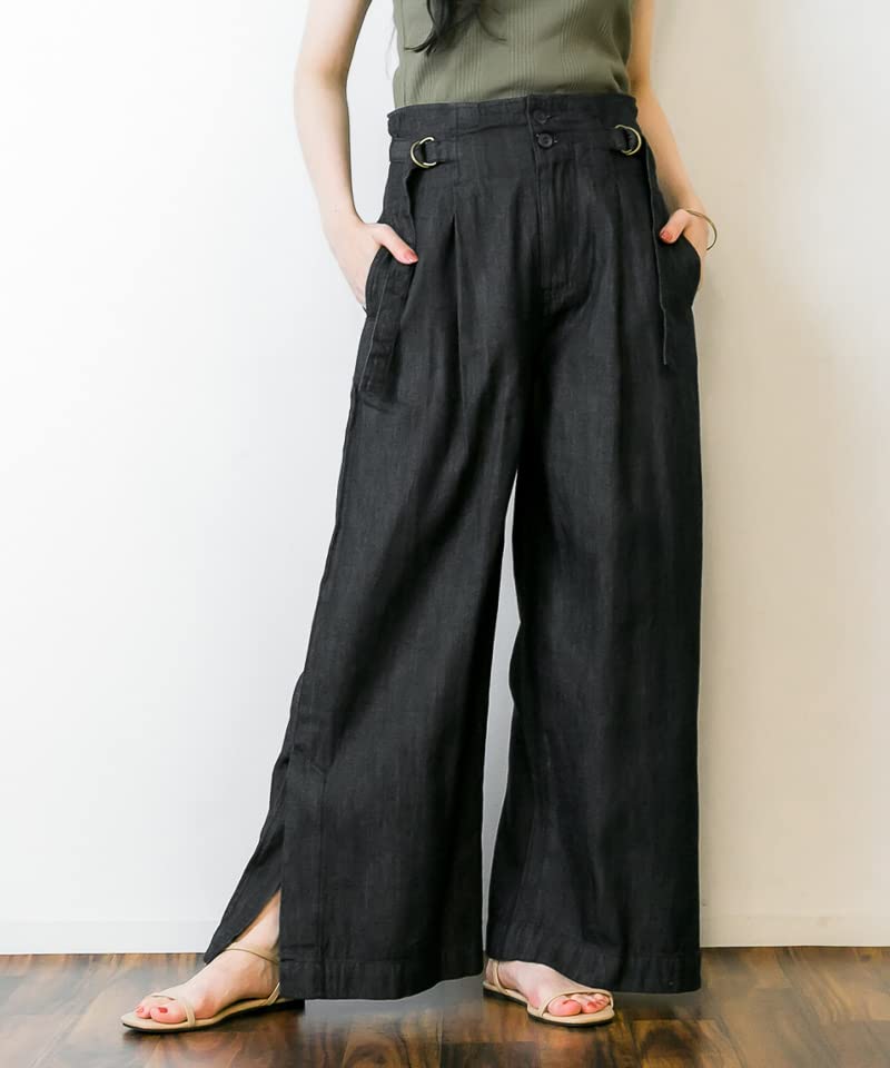 atONE Denim Pants with Hem Belt Plus Wide Sizes 4L Dark ATD-0020 High-Waist Wide-Leg Slits, Included, Sizes, Fit, Elastic, Lightweight, Lightweight,
