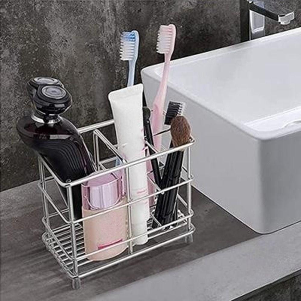 Black/Silver Stainless Steel Toothbrush Holder Non-Slip Bathroom Countertop Storage Rack  Shaver