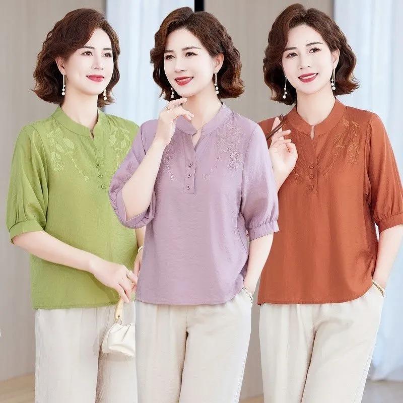 Damen Leinen Baumwolle Bestickte Bluse Lässig Stehkragen 3/4 Puffärmel Hemd