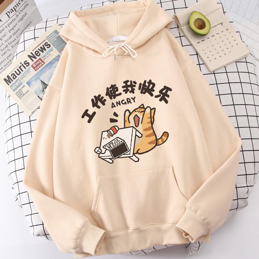 Men's Fashionable and Versatile Fleece Sweatshirt, Thin and Warm, Three-dimensional Pocket, Cute Cat Print Pattern