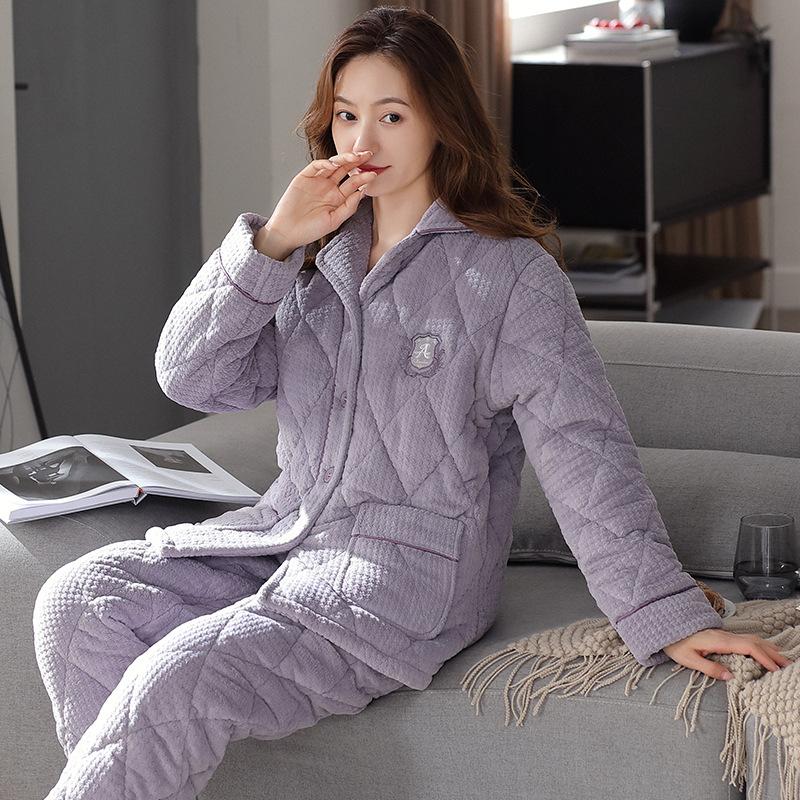 Pajamas Women'S Winter Winter Models Three-Layer Thickened Padded Coral Fleece Flannel Fleece Loungewear Large Size Warm Suit