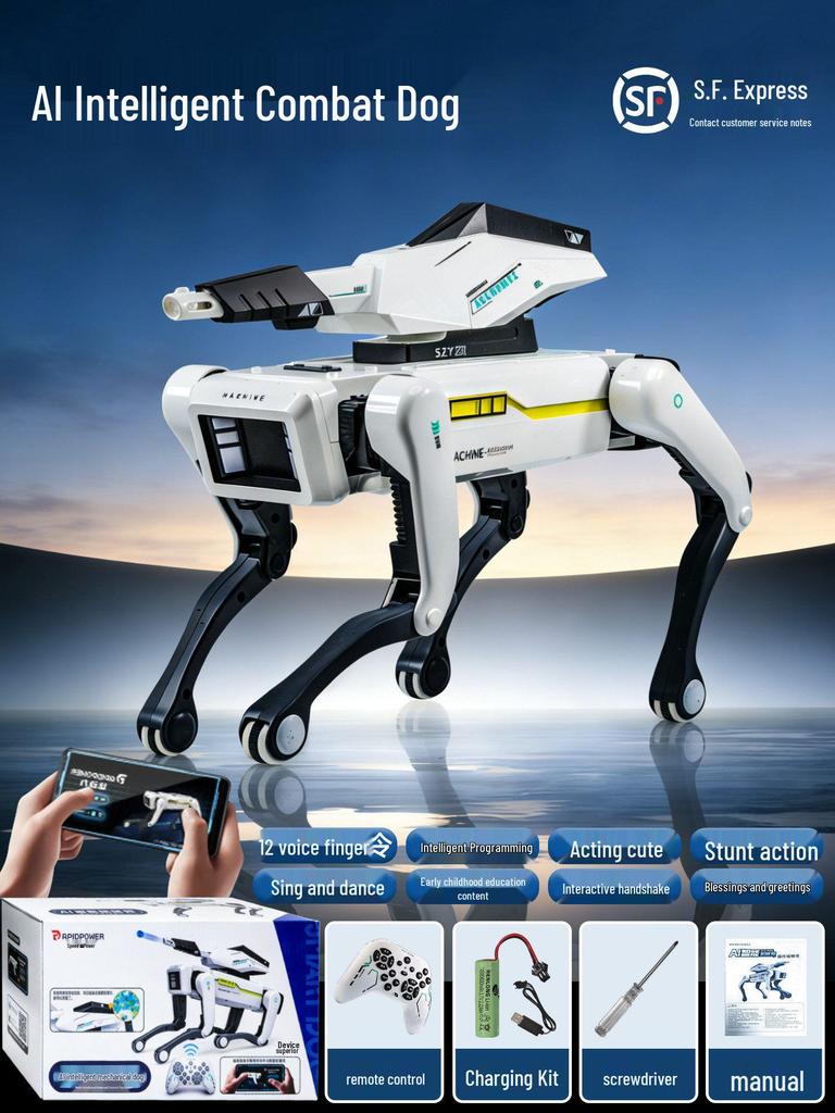 Smart AI Robot Dog with Voice Dialogue, Remote Control, Call Function, Item Pickup & Cannonball Shooter