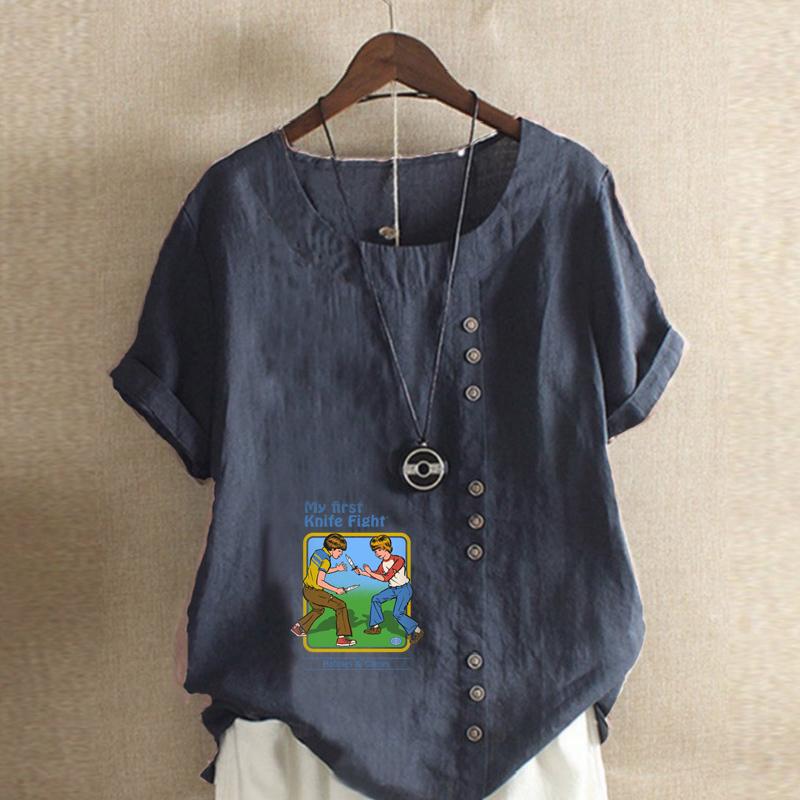 Women's Fashion Playing Children Print Short Sleeve T-shirt Loose Cotton Shirt Casual Loose Summer Blouse Tops Plus Size