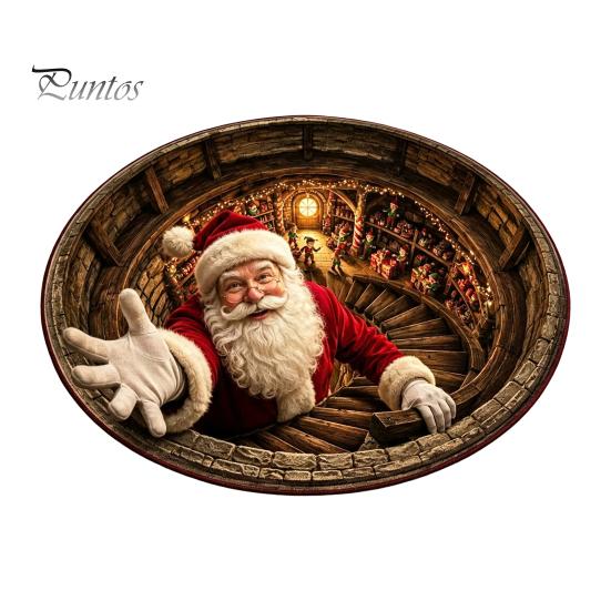 Winter Welcome Mat 3D Christmas Round Rug, Optical Illusion Area Santa Claus Deep Hole Festive Indoor Floor Prints, Non-slip Rug for Entrance