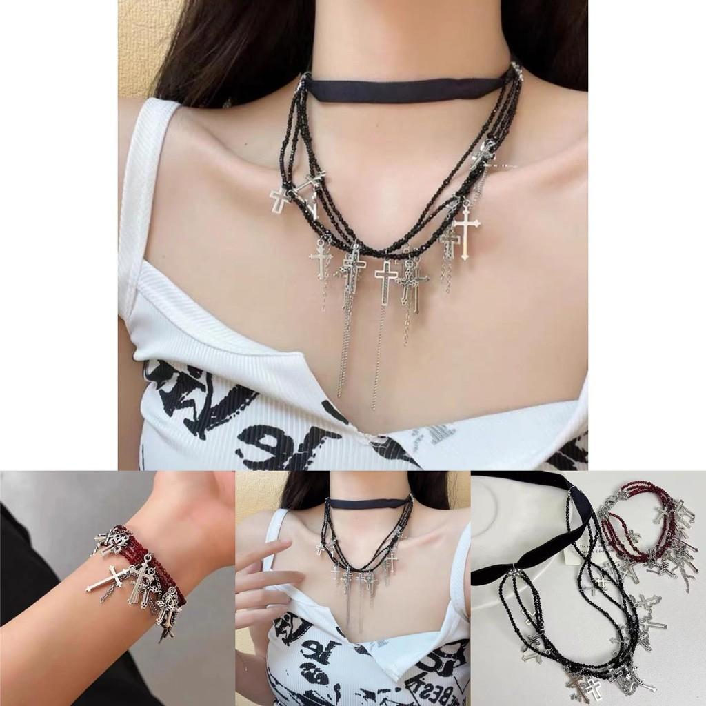 Punk Cross Dark Style Necklace Geometric Shape Tassel Choker For Travel Souvenir