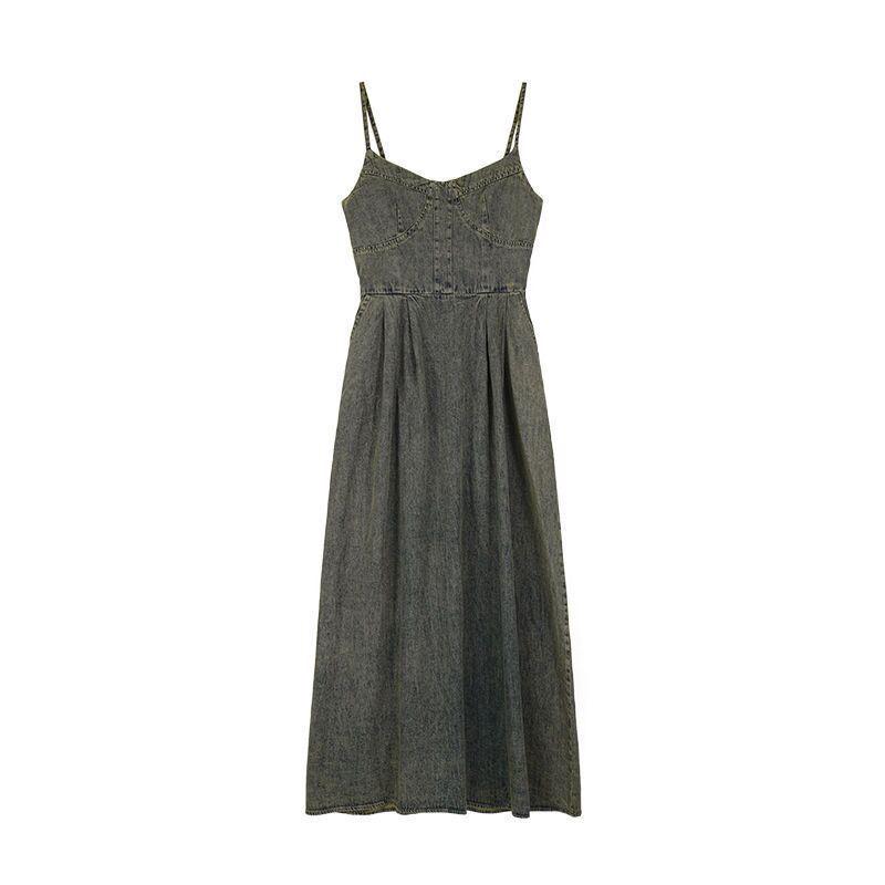 

Plus Size Distressed Light Luxury Denim Strappy A-line Dress for Women - Summer Slimming Style XL [Recommended 125-135 jin]