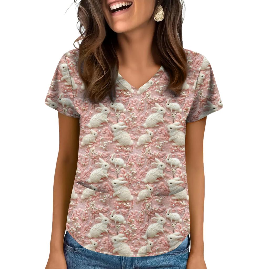 Women's V-Neck Easter Print Short-Sleeve Pocket Top With Side Slit
