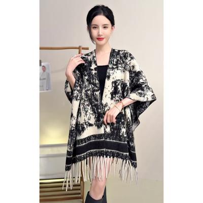 2025 New Retro Ink Painting Shawl High Atmosphere Versatile Warm Fringed Scarf Women Autumn and Winter