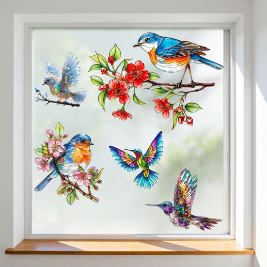 Adesivi Decorativi per Finestre Ramo d'Albero Uccello Stile Vetro Colorato Colibrì su Ramo Floreale Anti-Collisione per Casa Scuola