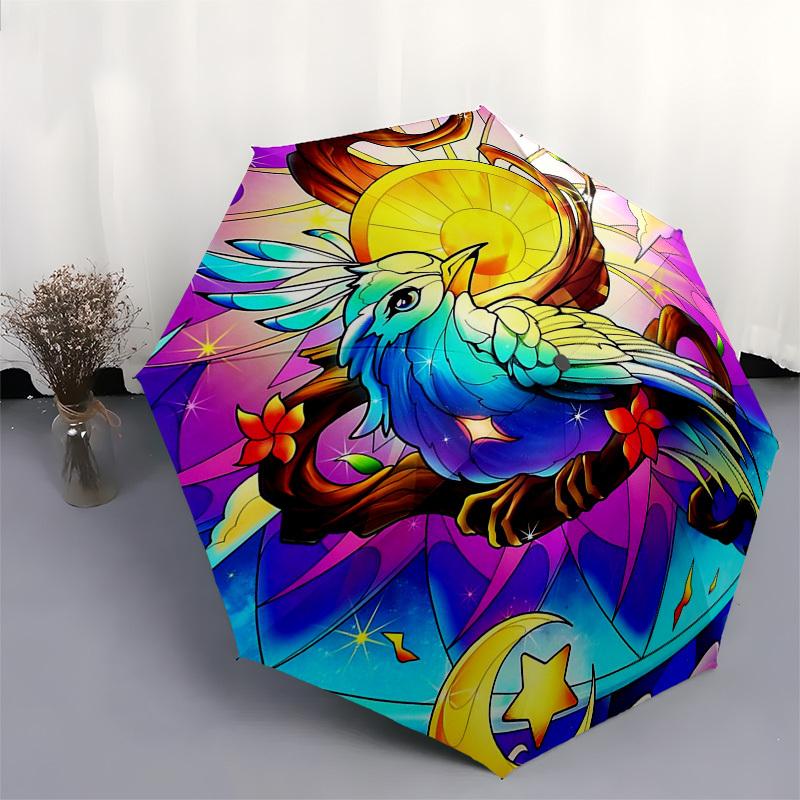 1pc Stained Glass Bird Auto-Folding Umbrella: Portable 3-Fold Design with Iron Frame, Perfect for Outdoor Use, Festive Gifts, Travel, Daily Use, and F