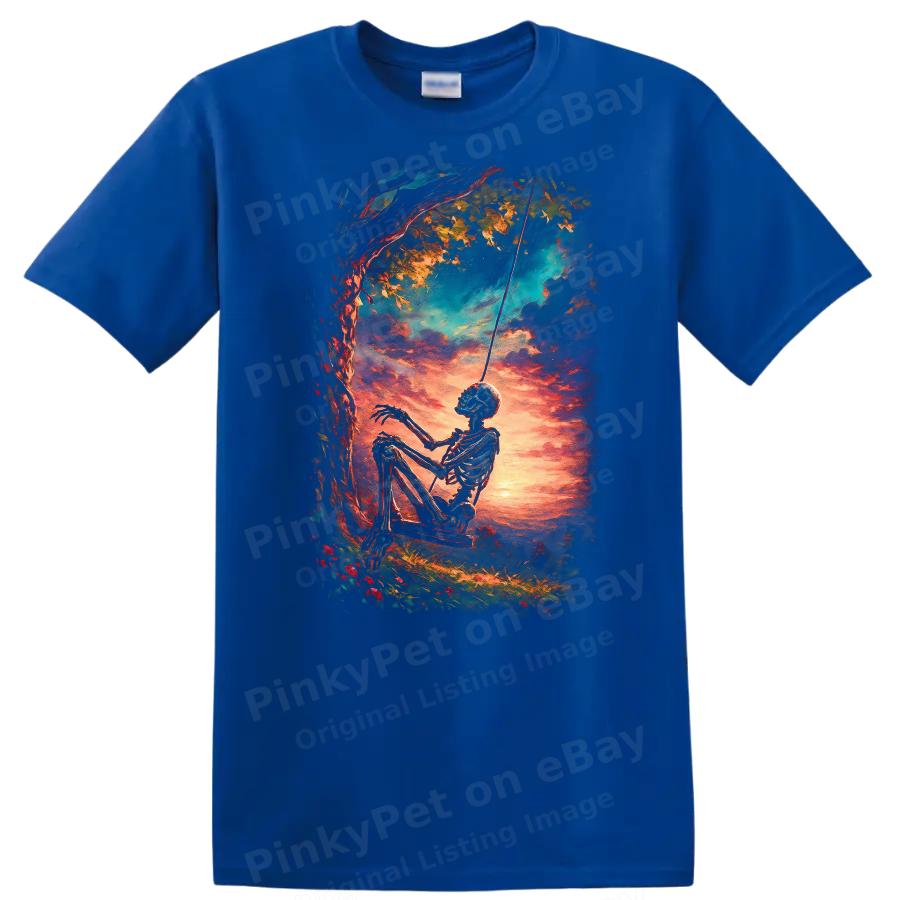 Skeleton on Swing Sunset Scene T Shirt Artistic Nature Tee Cute Gift Idea