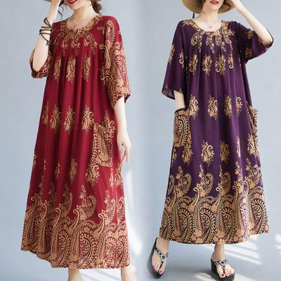 Summer Cotton Loose Dress Vintage Dress O-Neck Basic Long Dresses Oversize