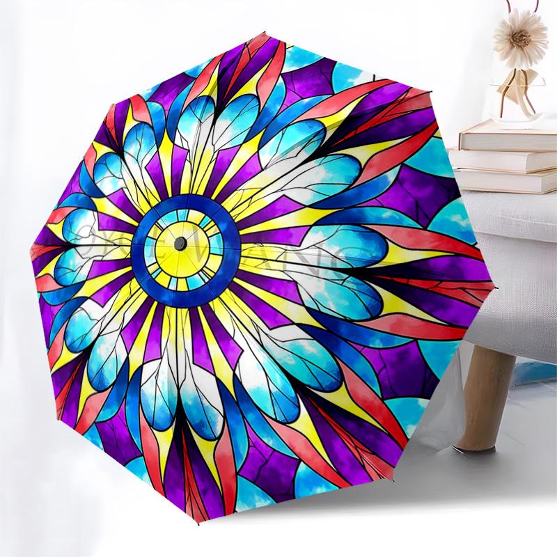

1pc Colorful Mandala Stained Glass Auto Open Close Umbrella - Portable 3-Fold Design with 8-Bone Iron Frame, Outdoor for Fans, Travelers, Daily Use, F