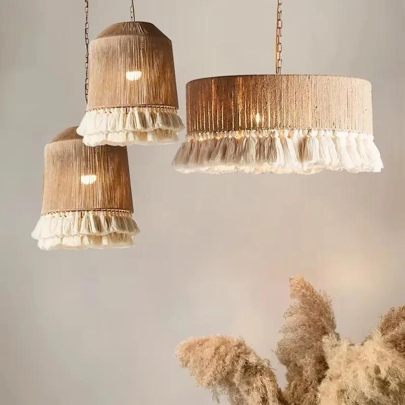 Bohemian Retro Hemp Rope Tassel Bedside Pendant Light Creative Design Hanging Lampshades for Bedroom Balcony Decorative Lighting