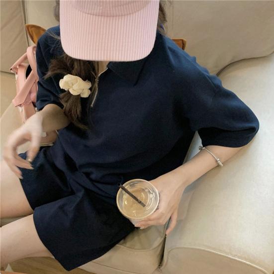 2 Pcs/Set Women Summer Sweatshirt Pants Set Short Sleeve Zippered Turn-down Collar Top Drawstring Elastic Waist Loose Sweatpants Tracksuit Pansuit