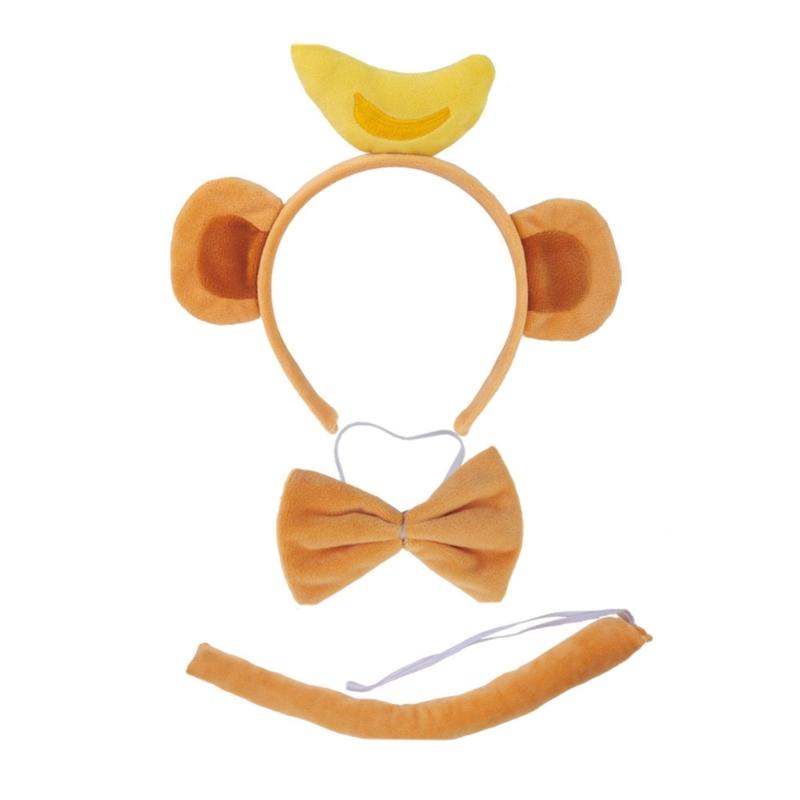 Monkey Ear Headband Tail Bowtie, Kids Animal Cosplay Set Halloween Animal Outfit