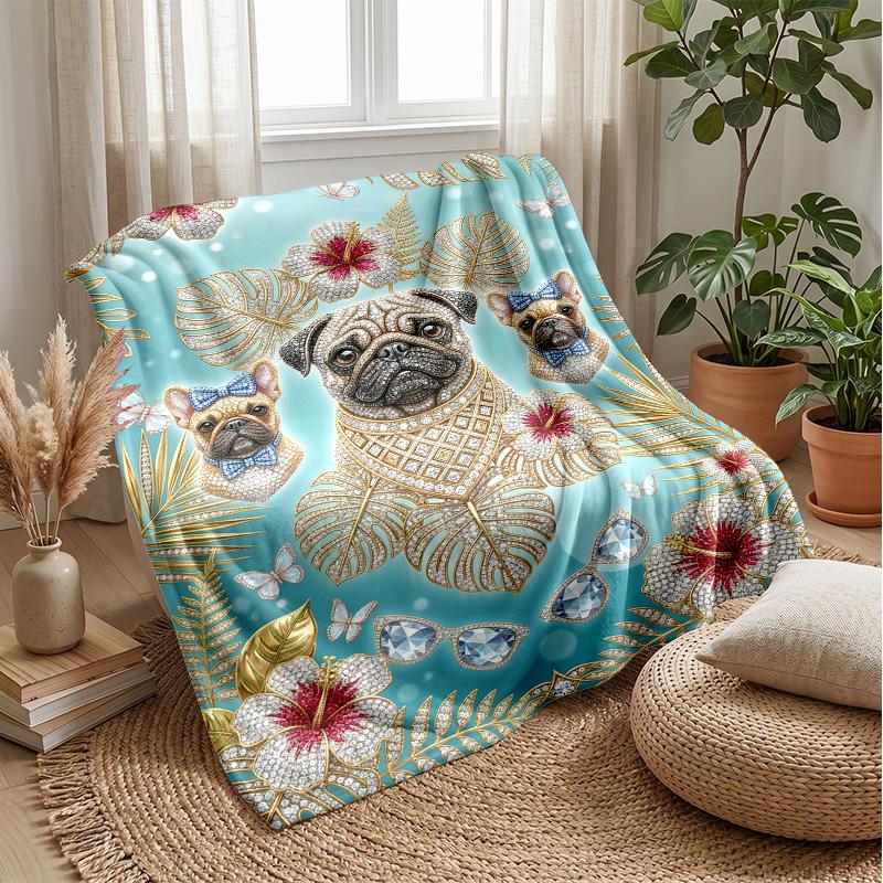 Glamorous Pug Portraits Theme Blanket Lightweight Warm Flannel Blanket Decorative Throw Blanket for Home Decoration
