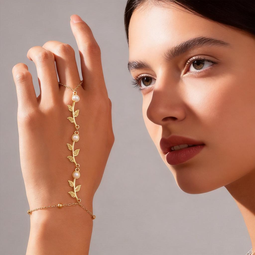 Personalized Green Zircon Leaves Tassel Chain Finger Bangle for Women Gold Color Geometry Knuckle Ring Bracelets Jewelry Gift