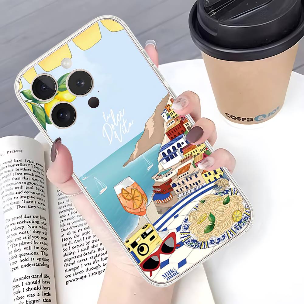 Seaside Scenery Wine Lemon Phone Case For IPhone 17 16 15 14 Plus 13 12 11 Pro Max Phone Back Cover Transparent Shockproof Cover