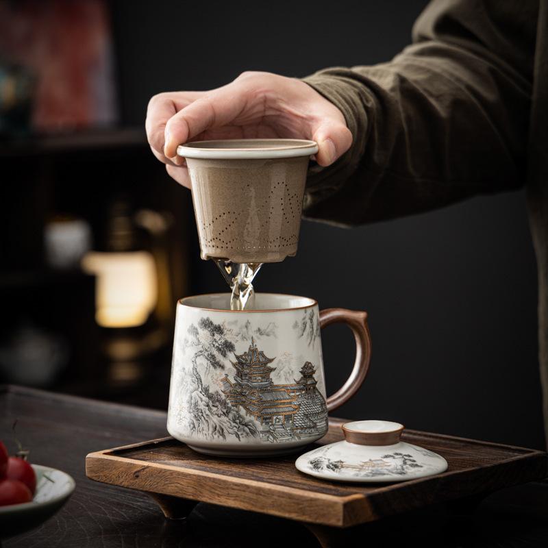Fengtenwang Pavilion Ru Kiln Office Cup Tea Separation Ceramic Cup Mug Merchandise High-end Business Gifts