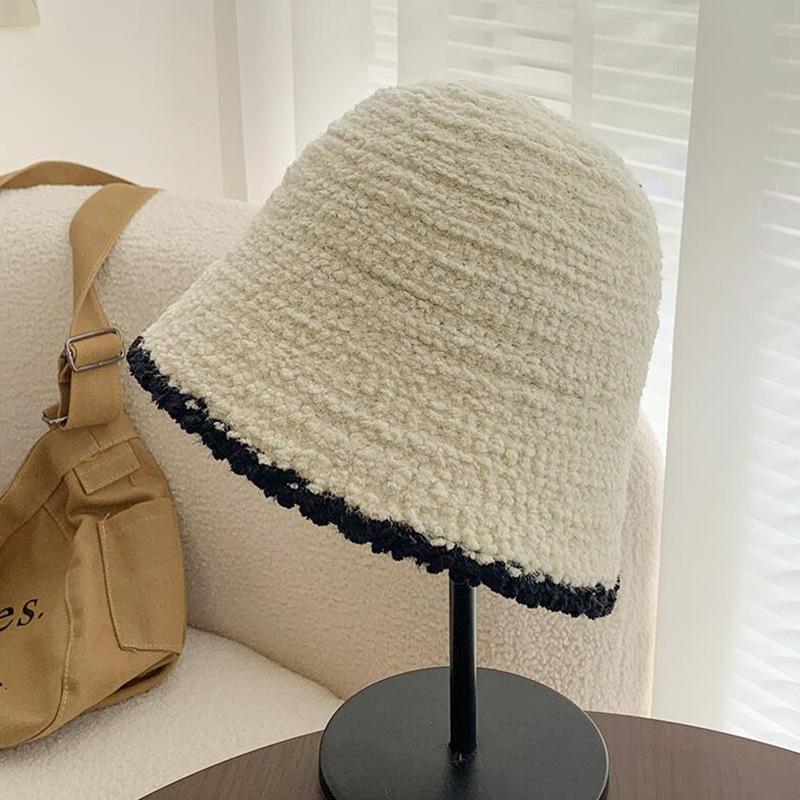 Black bucket hat women's big head circumference autumn plain basin hat autumn and winter simple face small knitted bucket