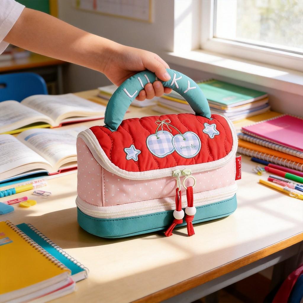 Große mehrschichtige Federtasche im Hausdesign mit Schreibwarenset für Schüler