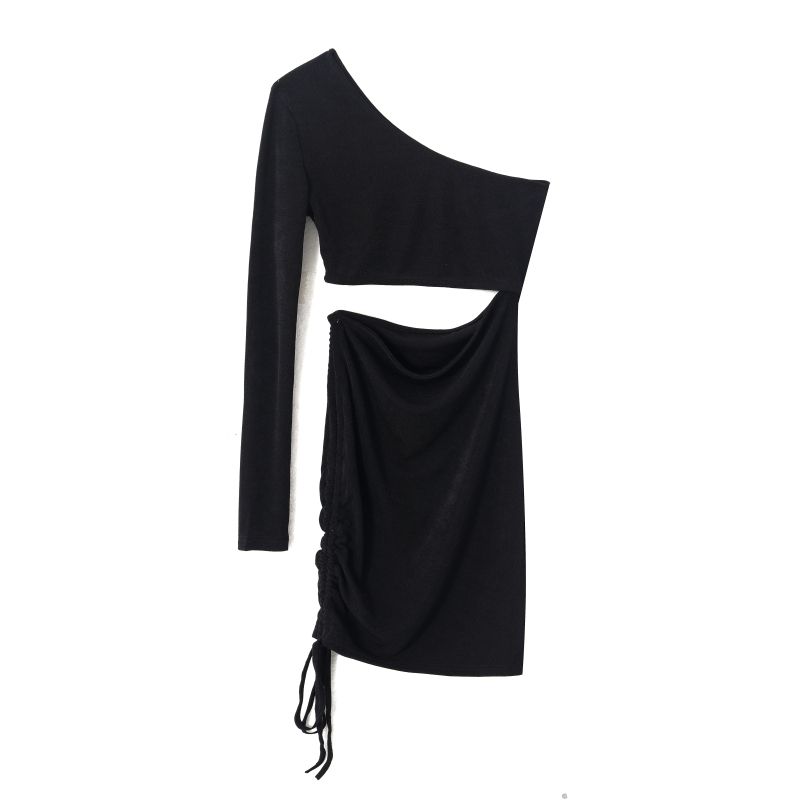 

2023 Fall Women s Clothing Fashion Wind Pure Color Elegance Oblique Shoulder Long Sleeves Sexy Cutout Waist Drawstring Shoelace Dress Black S