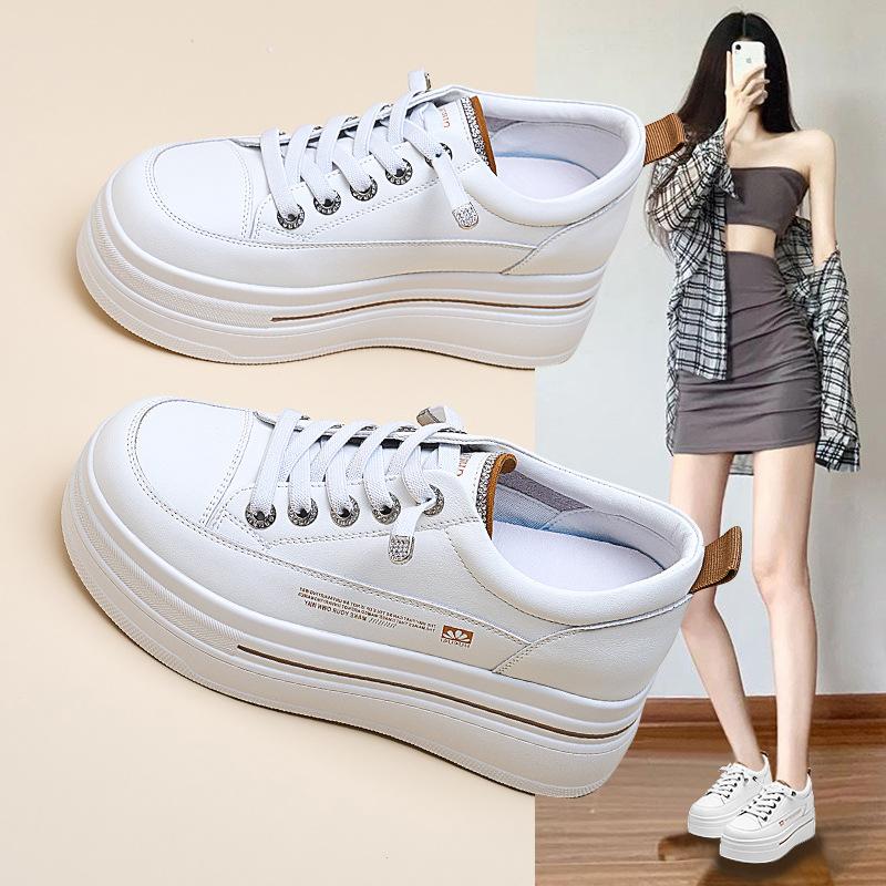

Белые туфли на толстой подошве для женщин, спортивная повседневная обувь из натуральной кожи для весны, универсальные туфли на плоской подошве, увеличивающие рост для женщин 40