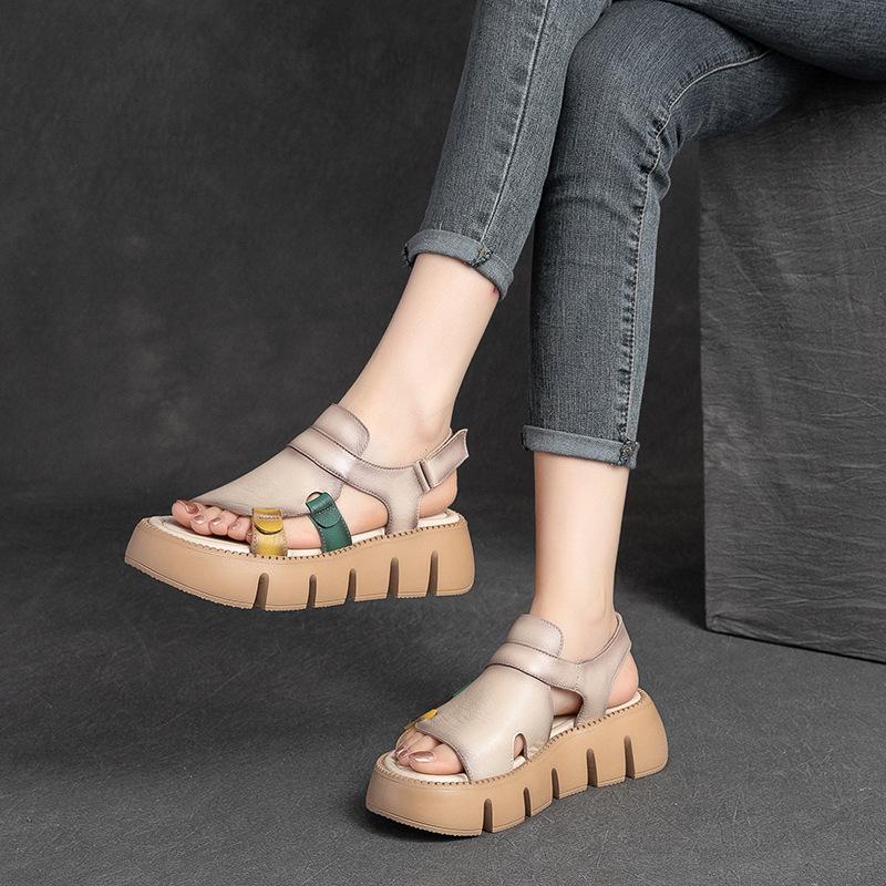 Summer New Arrival Women's Genuine Leather Roman Sandals Hollow Out Platform Magic Strap Casual Walking Shoes