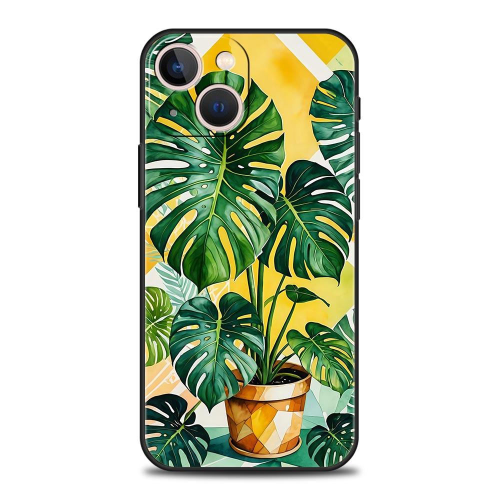 Leaves Monstera Green Phone Case For iPhone 17 16 15 Pro Max 11 12 13 14 7 8 Plus SE 2020 X XR XS Cover Soft Black
