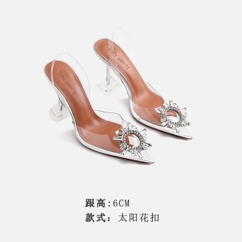 New summer thin heel rhinestone sandals pointed transparent crystal high heels women's shoes