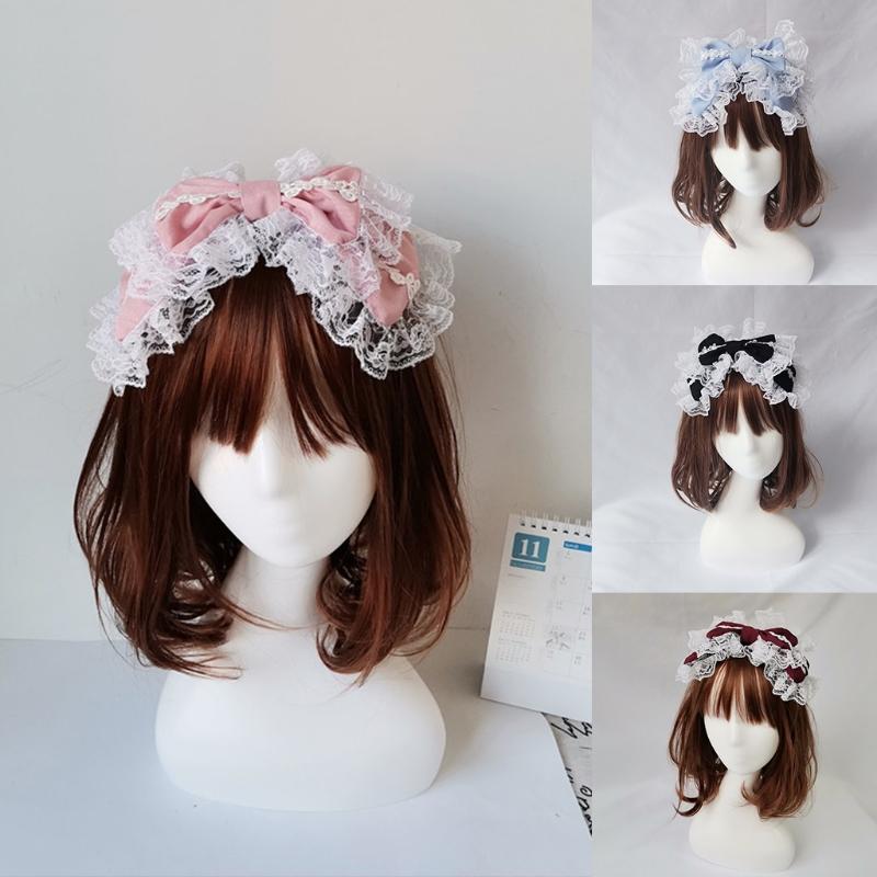 Lovely Sweet Hairband Maid Cosplay Headband Lolita Ruffled Lace Headwear Handmade Double Layer Bowknot Hair Accessory