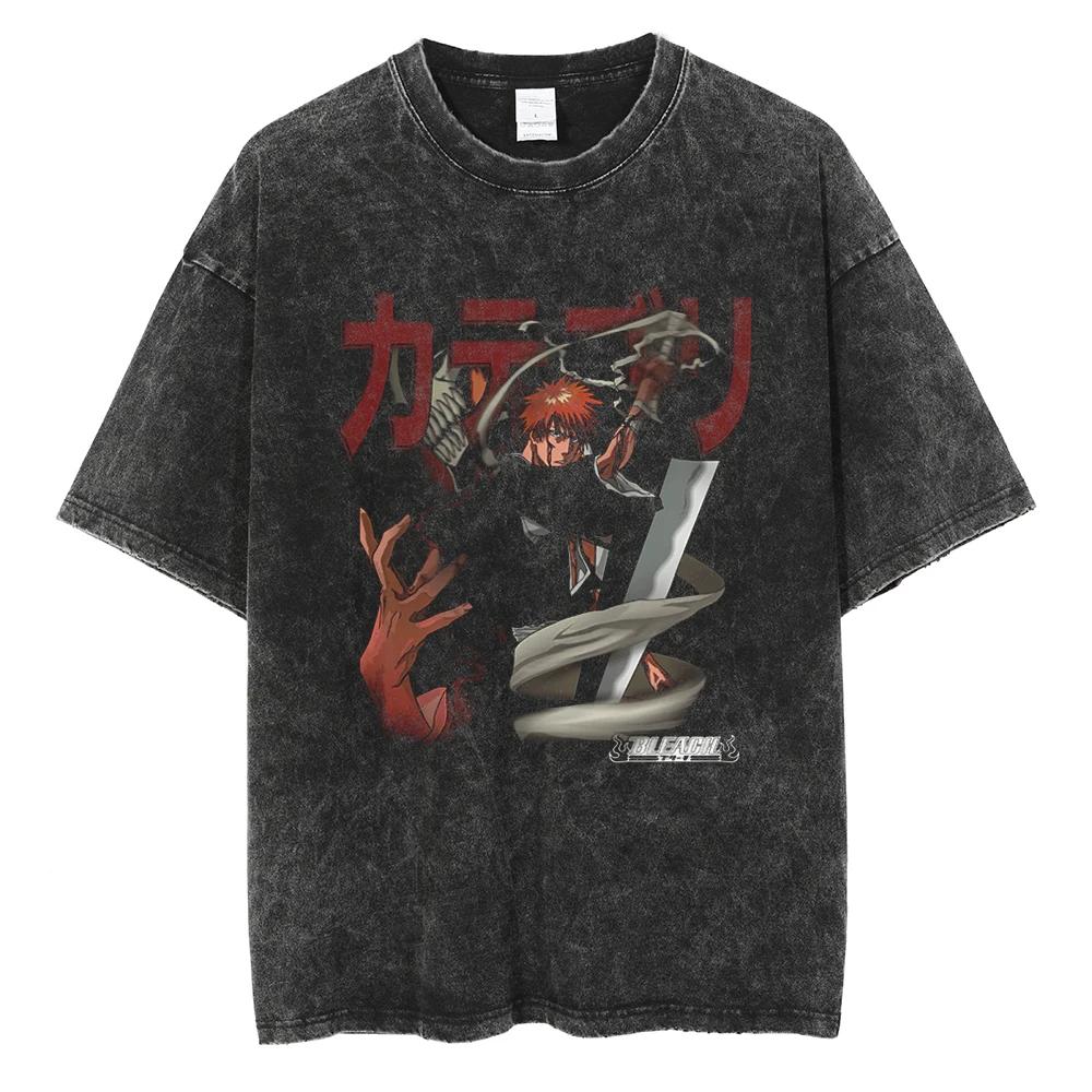 Anime BLEACH Kuchiki Rukia Graphic Washed T-shirt Men Manga Cotton Tshirts Casual Loose Tee Harajuku Male Breathable Tops