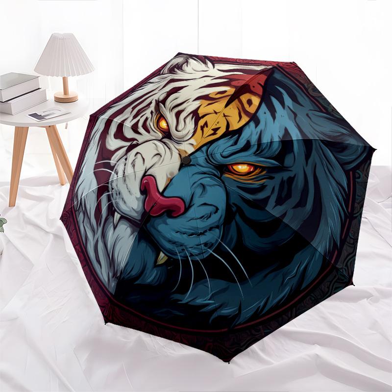 Ferocious Tiger Pattern, Automatic Folding Umbrella, Portable and Foldable Design, 8 Ribs, a Christmas or Birthday Gift.