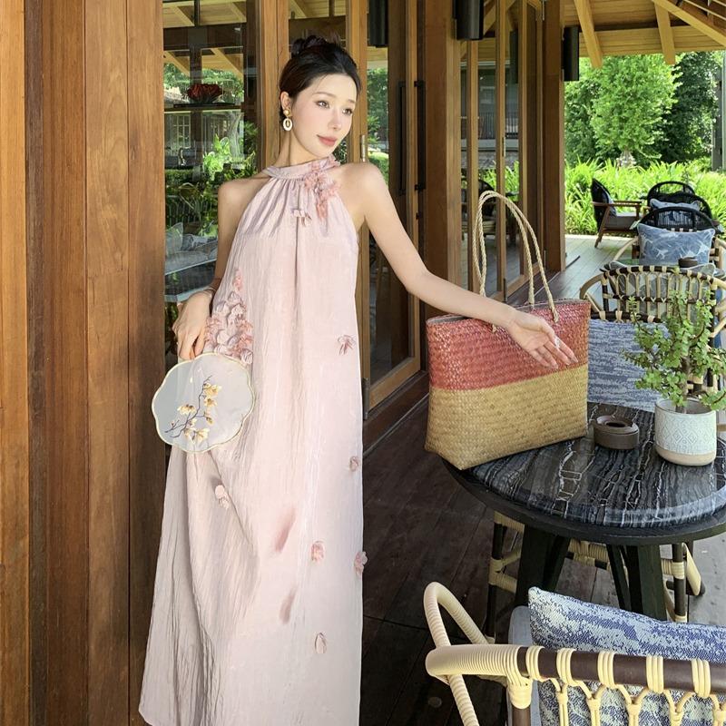 Summer New Elegant Flower Neck Pleated A-Line Loose Dress