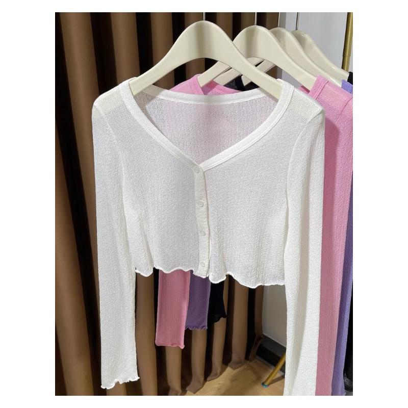 Ice Silk Shawl Blouse Sun Protection Clothing for Women New Spring Autumn Short Knitted Thin Cardigan Jacket Top