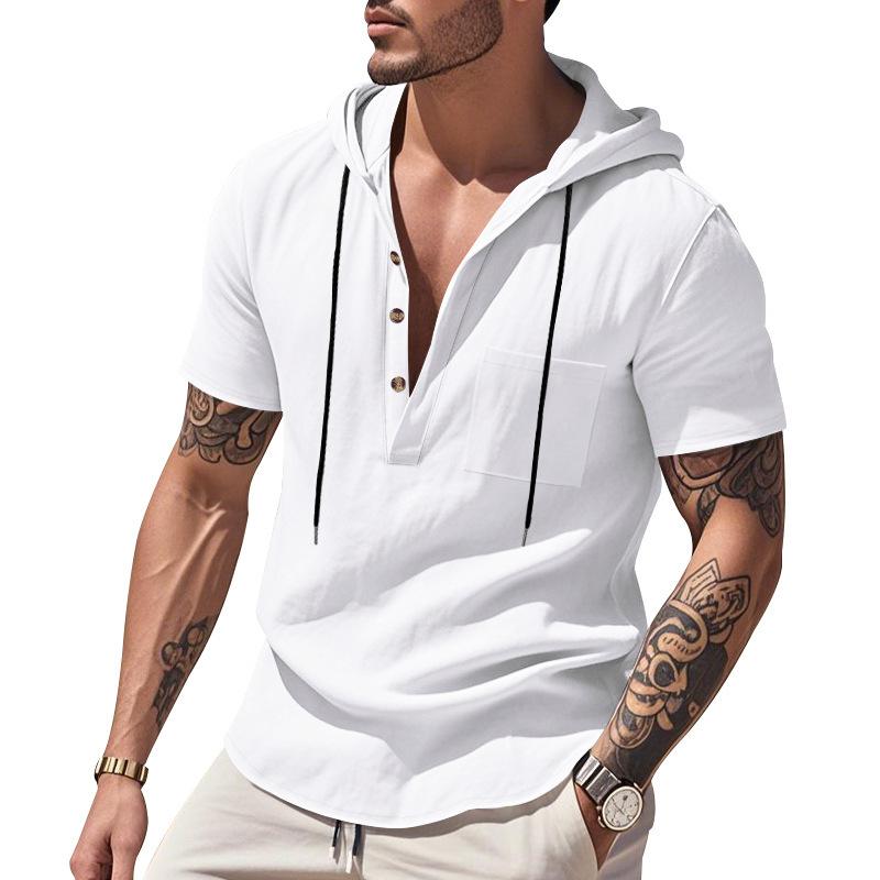 Men's Relaxed Fit Linen Beach Hooded Pocket Henley Short-Sleeved Shirt