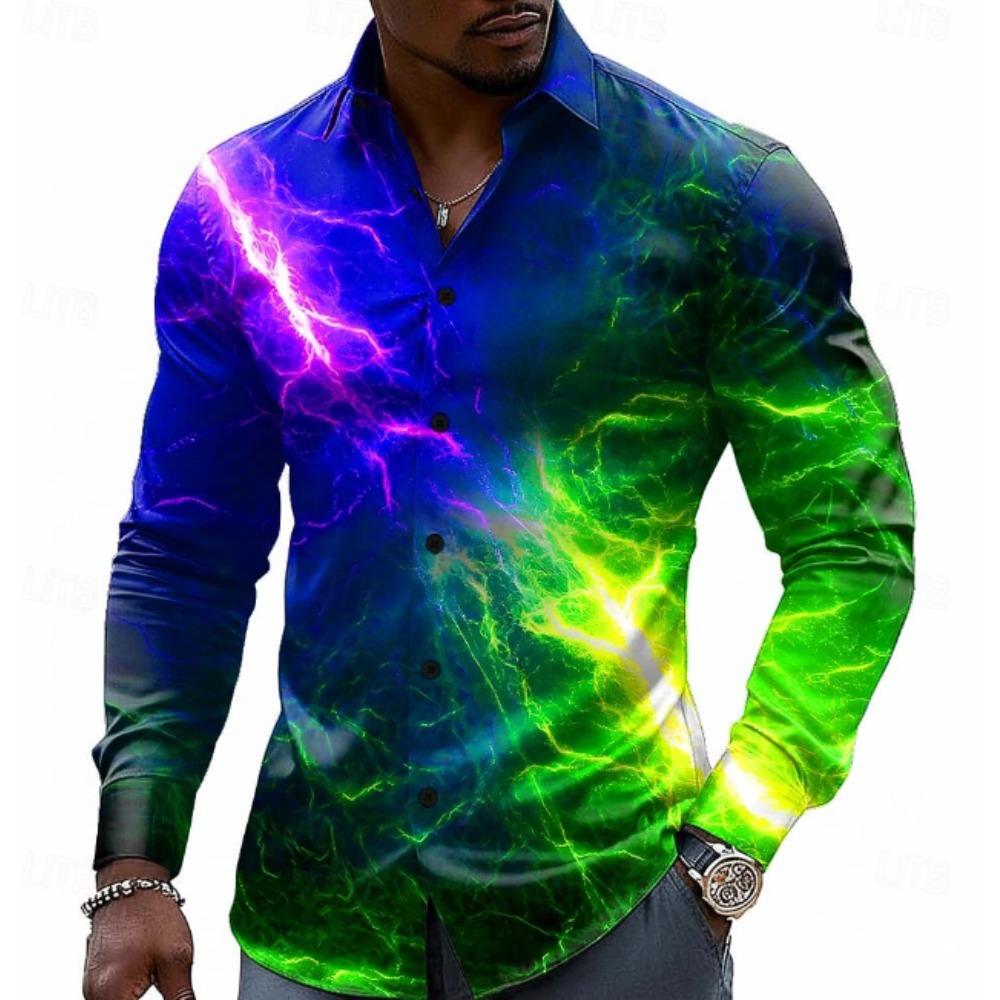 Camisas de manga larga con estampado de relámpagos para hombre, cárdigan informal, nuevas camisas de moda con botones para las fiestas