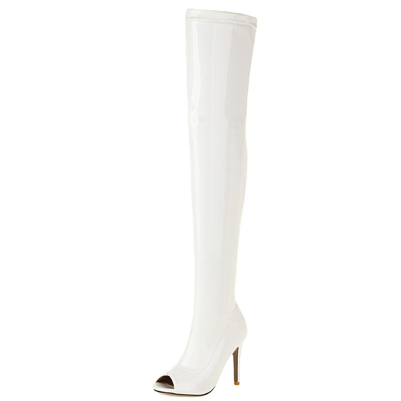 Bílé kozačky nad koleno Dámské Sexy Elastické Boty na Vysokém Podpatku Dámské Kozačky po Stehno Peep Toe Kožené Dlouhé Striptérské Boty Dámské