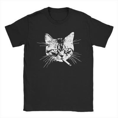 Tabby Cat Smoking T Shirts Men Pure Cotton Funny TShirt Round Collar  Tees Short Sleeve Clothes Adult