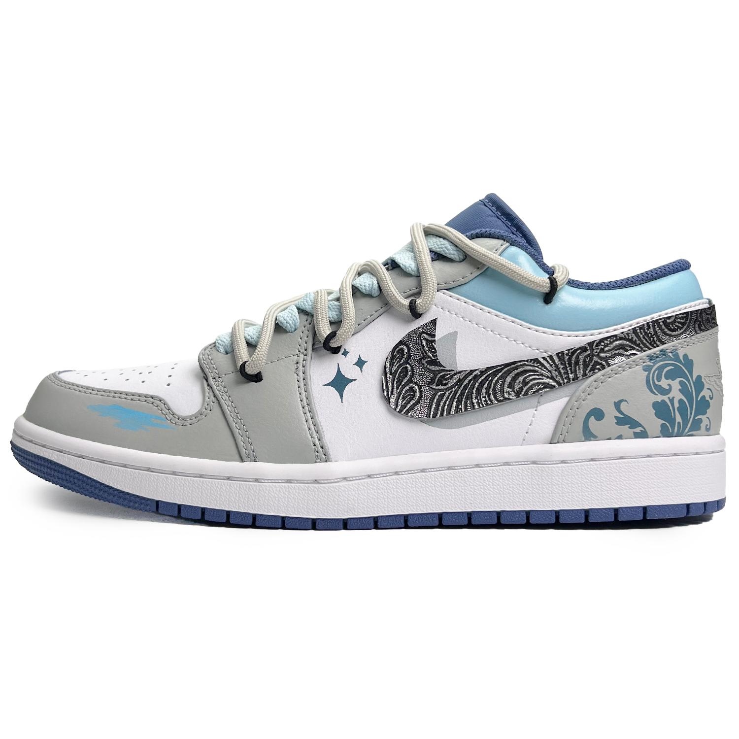 

Jordan Air Jordan 1 Floral Starry Slip Resistant Abrasion Resistant Low top Vintage Basketball Shoes Men s Gray Blue 553558-414(Team285-) 43