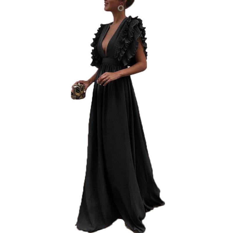 2026 European Women's Flutter Sleeve V-Neck Backless Long Dress