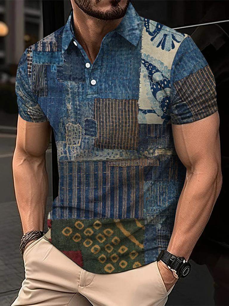 Trendy short-sleeve geometric patchwork polo shirt, casual and versatile daily wear for men.