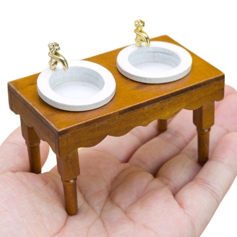 

Double Basin Doll House Bathroom Miniature Vanity Sink Model Figurine for Scene Setting Craft Project Display Accessories 1