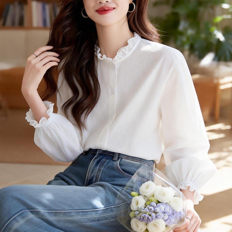 Fungus Collar White Shirt Women's Long-sleeved Spring Clothes New Loose Casual Inner Top Women's Pure Cotton Shirt