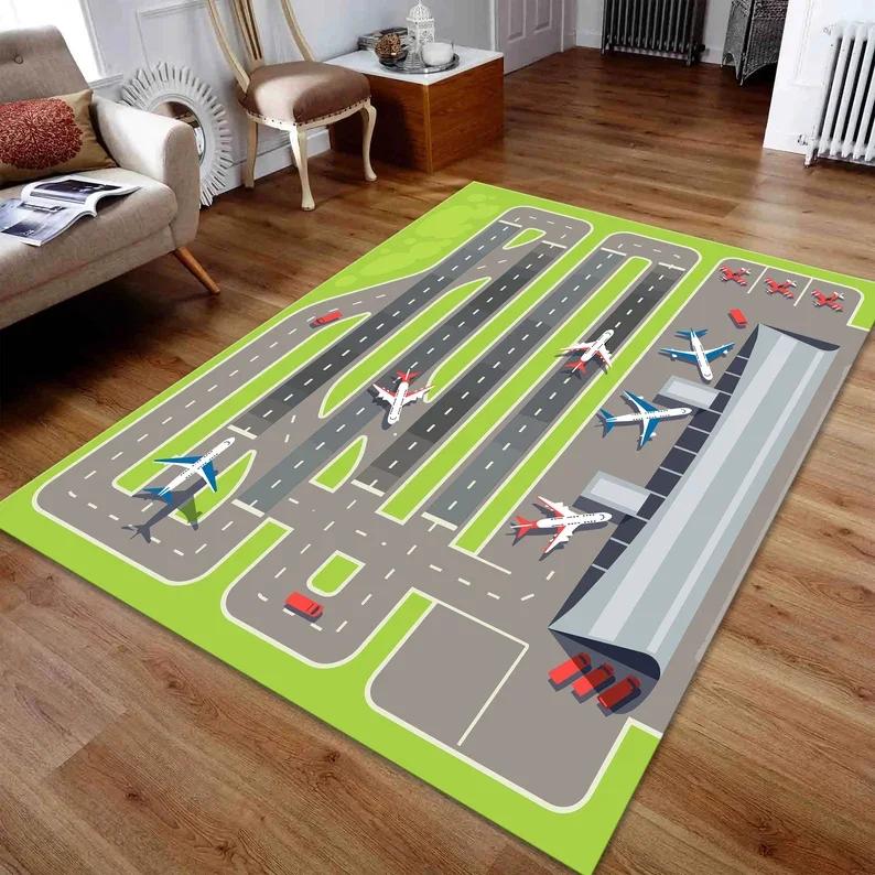 

VIKAMA Cartoon Airport Runway Children s Rug Living Room Bedroom Anti-Slip Mat Playroom Play Mat Crawling Mat Home Decor 50x80cm 20x31inch